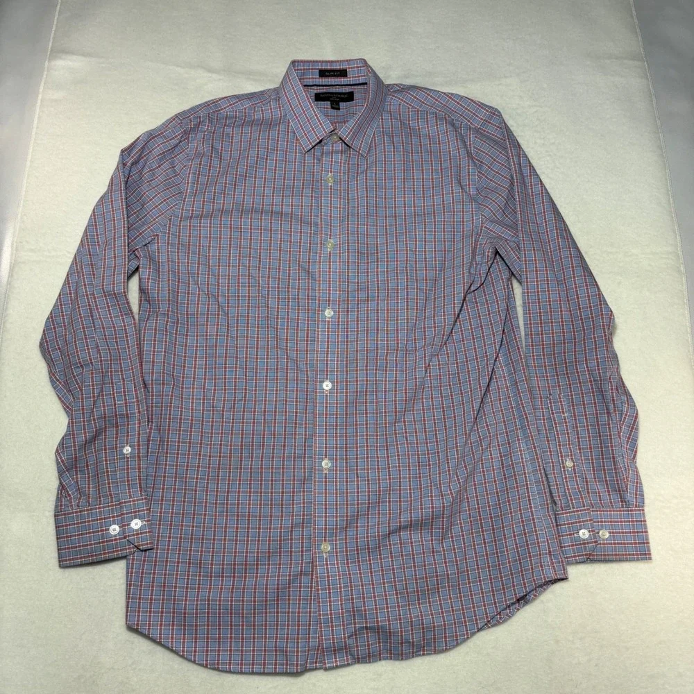 Banana Republic Mens Slim Fit Non-Iron Plaid Dress Shirt Blue Red Large‎ L